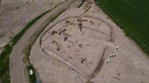 Aerial view of early medieval enclosure at Ballinrea along the new M28 motorway.