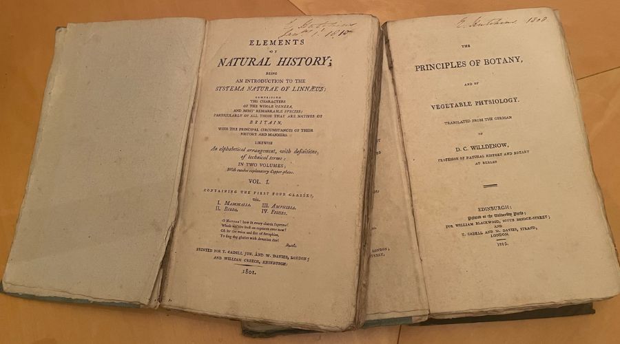 Botany and natural history books owned by Ellen Hutchins.