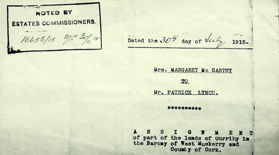 Marriage settlement – assignment of lands in Currahy, Co. Cork, by Margaret McCarthy to her future son-in-law Patrick Lynch.