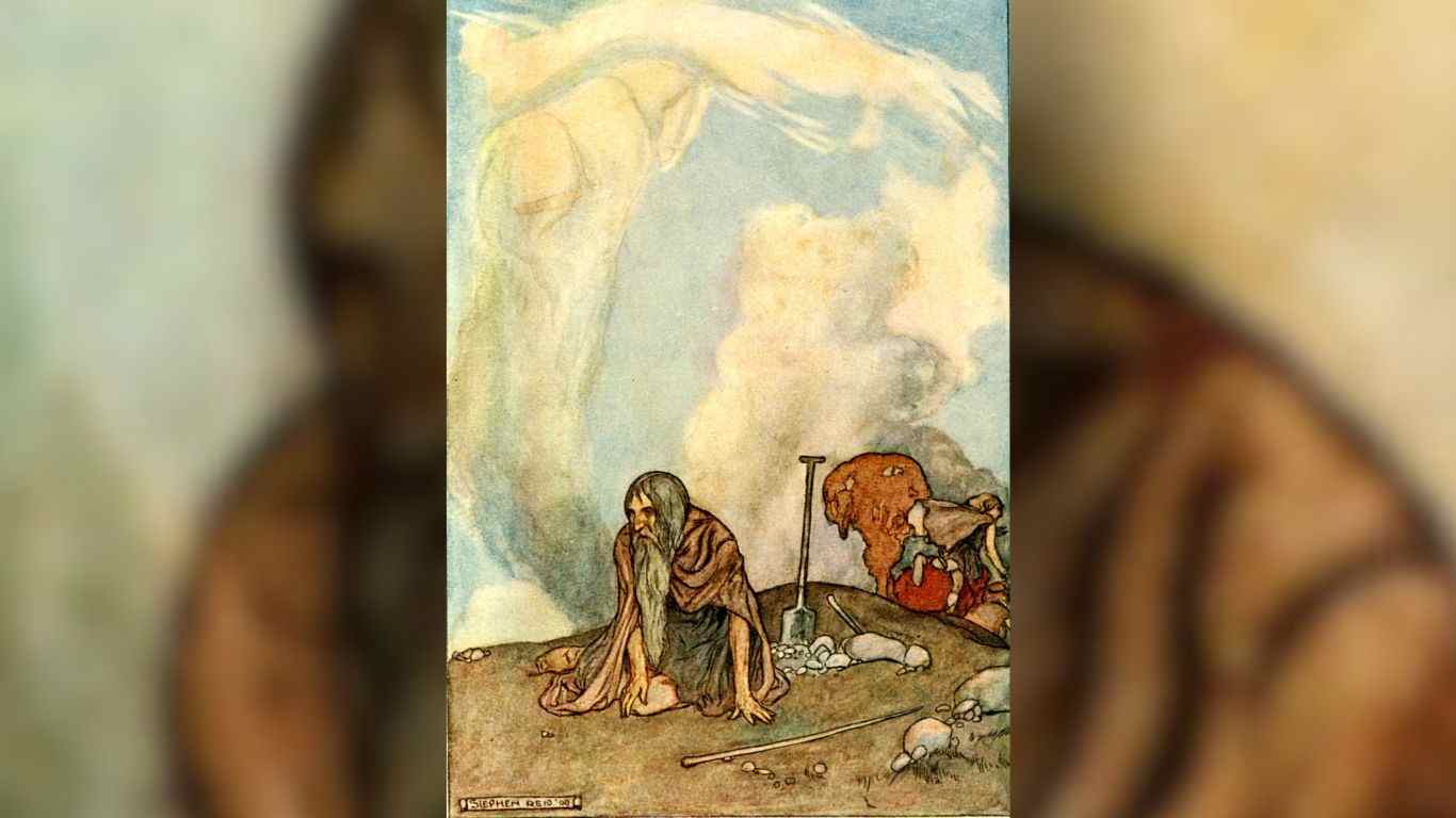 Drawing of Oisín as an old man, titled “The white steed had vanished from their eyes like a wreath of mist” by Stephen Reid.