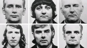 Mugshots of the Birmingham Six – Richard McIlkenny, Paddy Hill, Johnny Walker, Gerry Hunter, Billy Power and Hugh Callaghan.