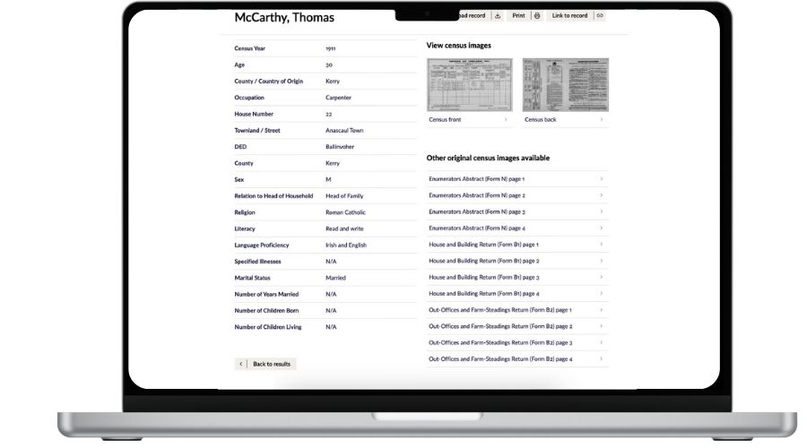 Individual's transcribed census record.