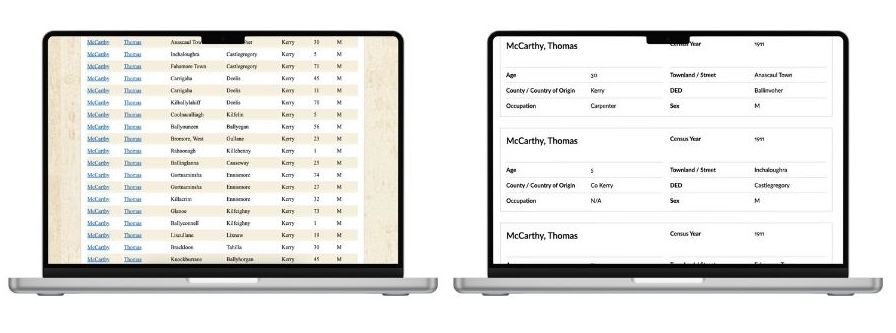 Search results on the census records systems.