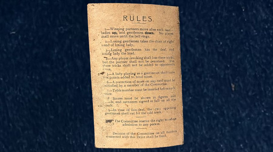 Back of 1919 whist drive scorecard from Cork with rules listed.