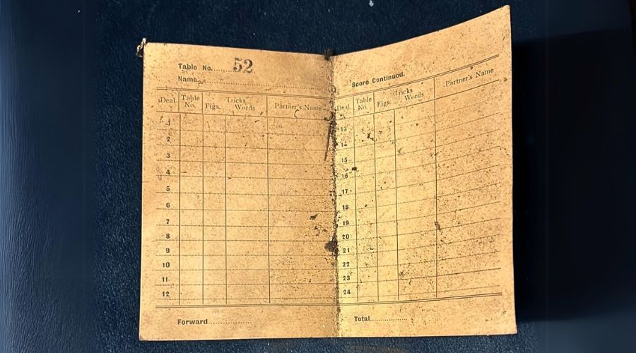 Inside of 1919 whist drive scorecard from Cork.