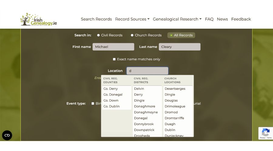 Enhanced location search on IrishGenealogy.ie
